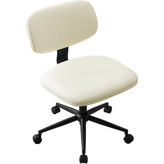 Armless Desk Chair 20" Wide, Home Office Chairs No Arms with Wheels, Leather Upholstered Cute Vanity Chair with Back Swivel Rolling for Bedroom Makeup Study Small Spaces, PU Cream Beige