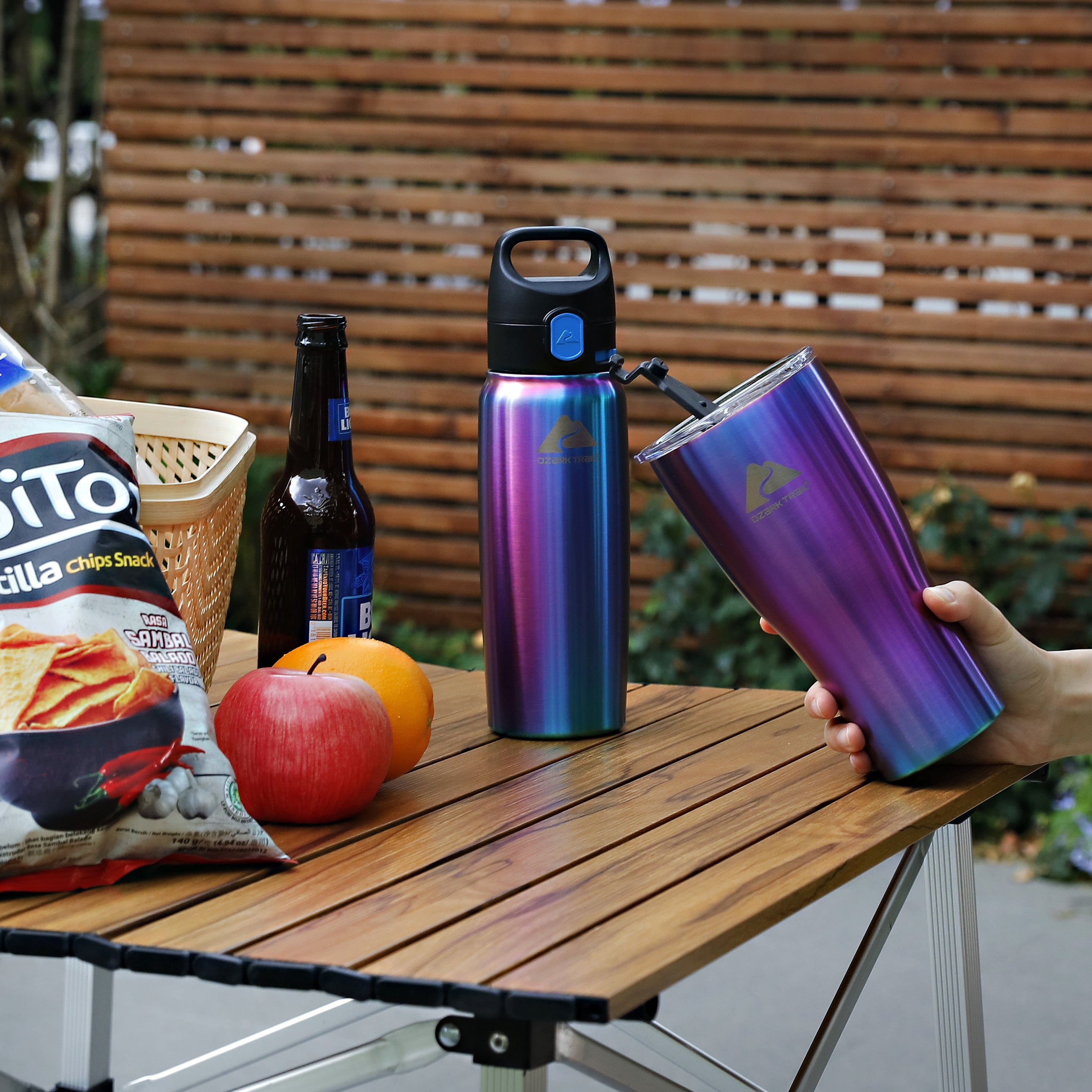Ozark Trail 2 Pack Stainless Steel 32 oz Tumbler and 24 oz Travel Bottle Combo, Iridescent Blue