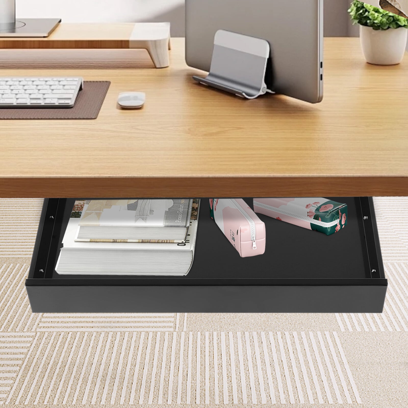 Modern Stand Up Desk Store Add-On Sliding Under-Desk Iron Drawer Storage Organizer, Sliding Pull-out Drawer Space-Saving Desk Drawer for Office, Home Office, and Workstations