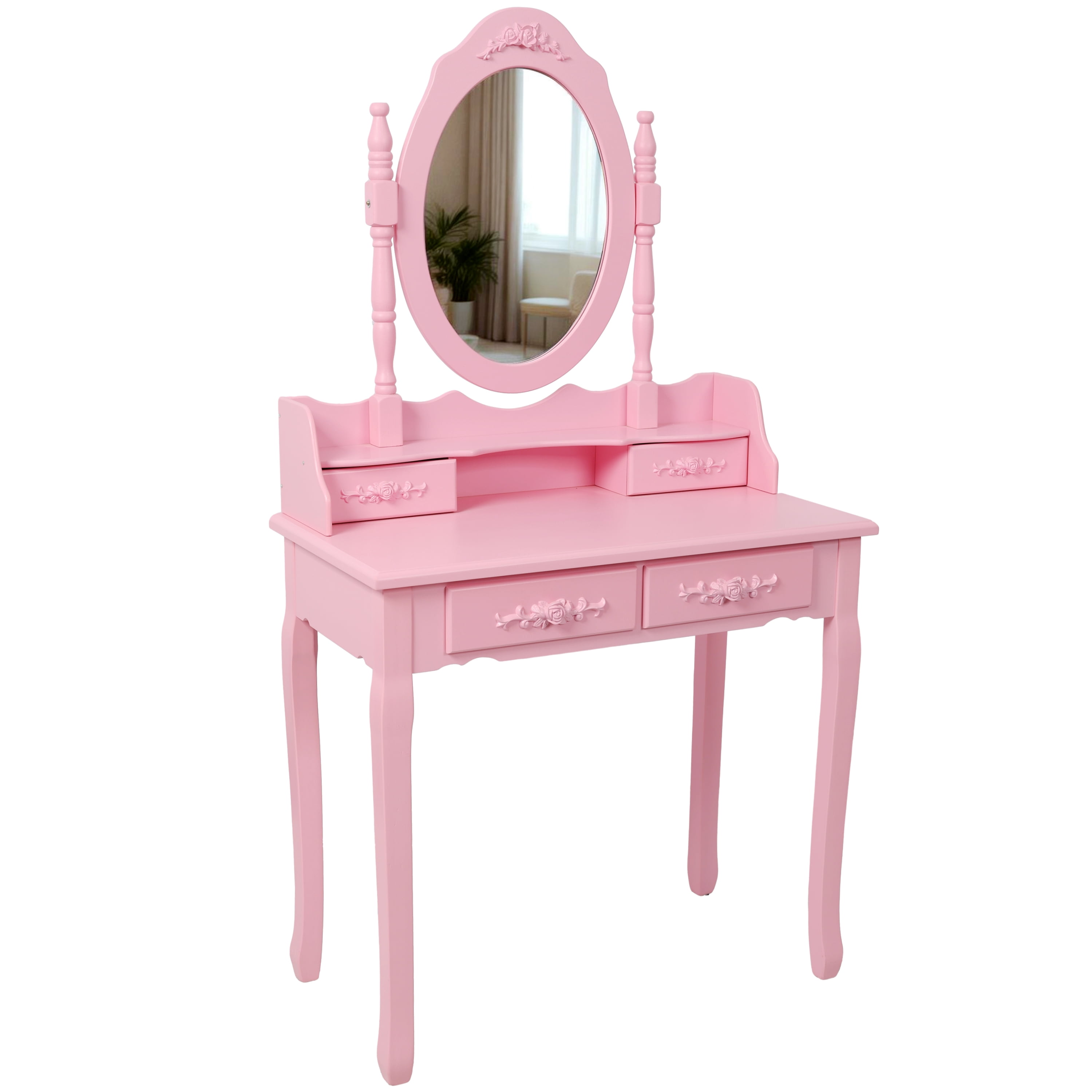 Makeup Vanity, Vanity Desk for Girls, Princess Vanity Pink with 360 Degree Rotating Mirror 4 Drawers Large Tabletop Includes Cushioned Multi Purpose Stool, Pink
