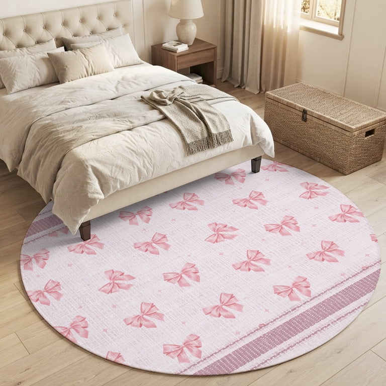 4ft Round Rug, Pink Bow Non-Skid Rubber Backing Large Area Rugs ...