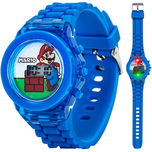 Accutime Nintendo Super Mario Reloj digital LCD intermitente para niños, espectáculo de luces LED, banda azul vibrante, pantalla fácil de leer, perfecto para niños