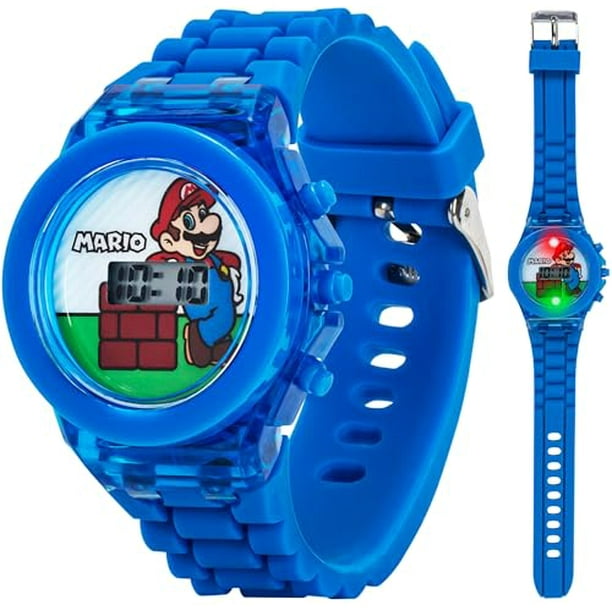 Accutime Nintendo Super Mario Reloj digital LCD intermitente para niños, espectáculo de luces LED, banda azul vibrante, pantalla fácil de leer, perfecto para niños