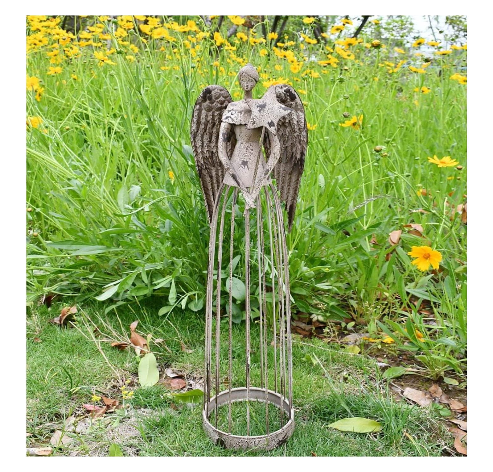 Garden Angel Statue - 26 Inch Rustic Metal Angel Sculpture Yard Art, Outdoor Home Decor, Antiqued Finish, Heavenly Gift for Garden & Patio