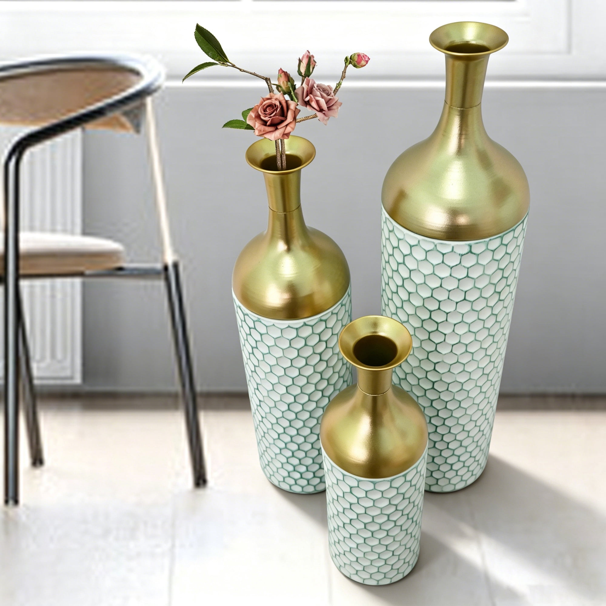Leumius Decorative Metal Vases Set of 3, Gold Leaf Pattern Floor Vases, White & Gold Tall Vases for Home Decor, Living Room Entryway Decor