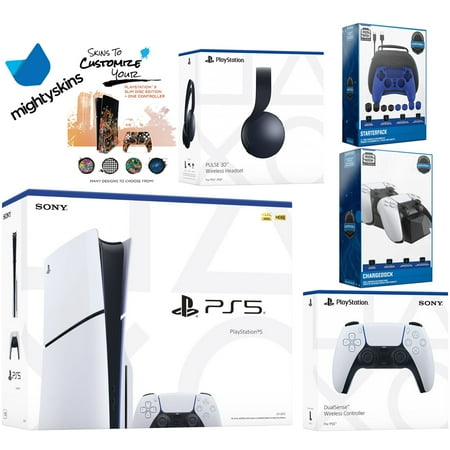 Sony Playstation 5 Slim Disc Bundle with Black Pulse Headset, Extra White Controller, Pro Gamer Kit, Dual Charge Dock and MightySkins Decal Voucher