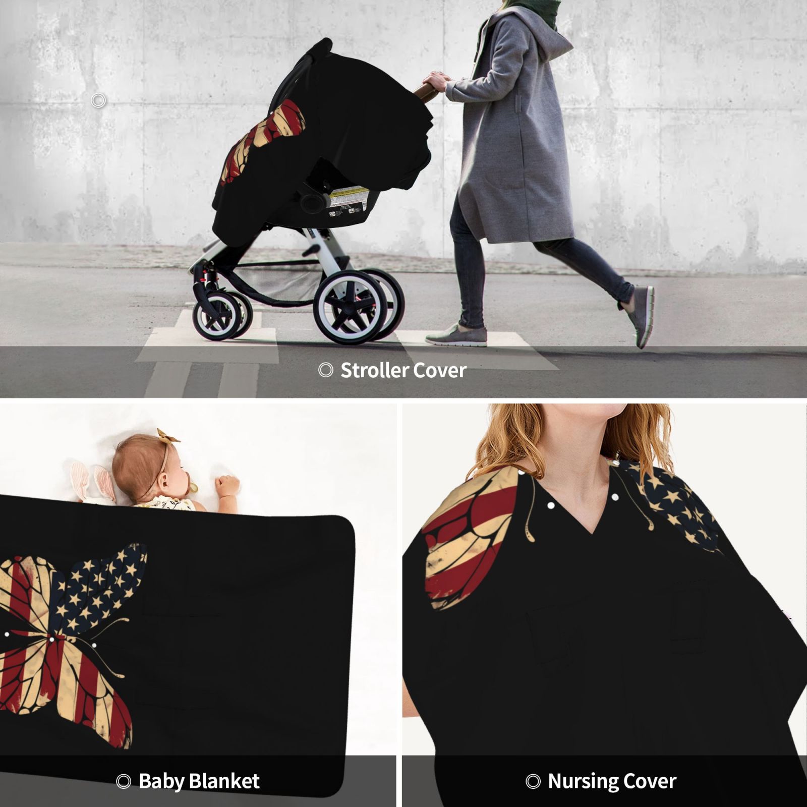 Car Seat Cover Baby - Patriotic USA Butterfly Art Breathable Infant Car Seat Cover for Baby Carseat, Lightweight Comfort Baby Essentials Must Haves Newborn Stuff for Girl Boy