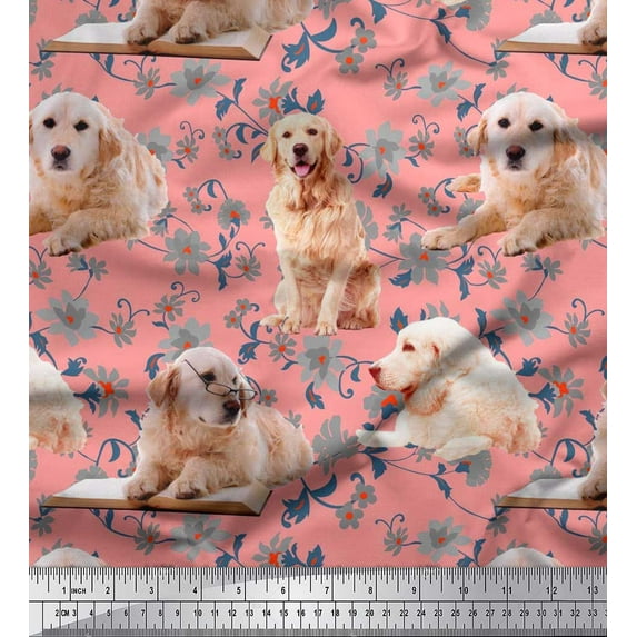 Soimoi Rayon Fabric Floral,Book & Golden Retriever Dog Printed Fabric 1 Yard 42 Inch Wide