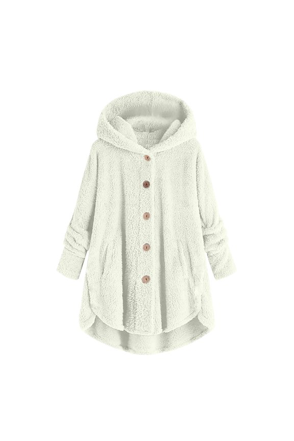 Women's Long Fleece Sherpa Hoodie Winter Warm Fuzzy Jacket Coats Outerwear with Pocket Button Down Plus Size Bed Jackets Winter Plush Fuzzy Cardigan Fleece Coat Cozy Jacket Beige L