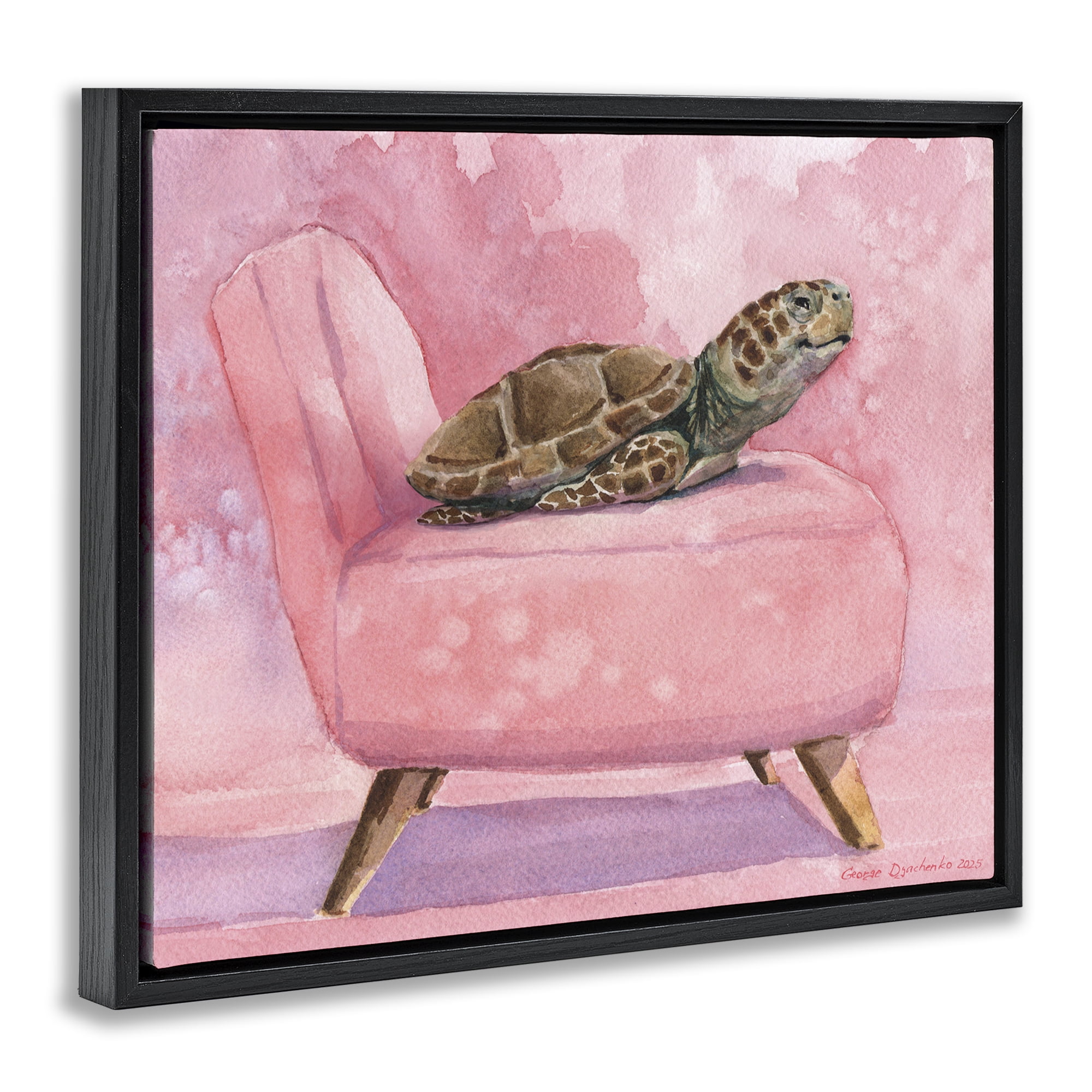 Stupell Industries Happy Turtle on Pink Chair Black Framed Floater Canvas Wall Art, design by George Dyachenko
