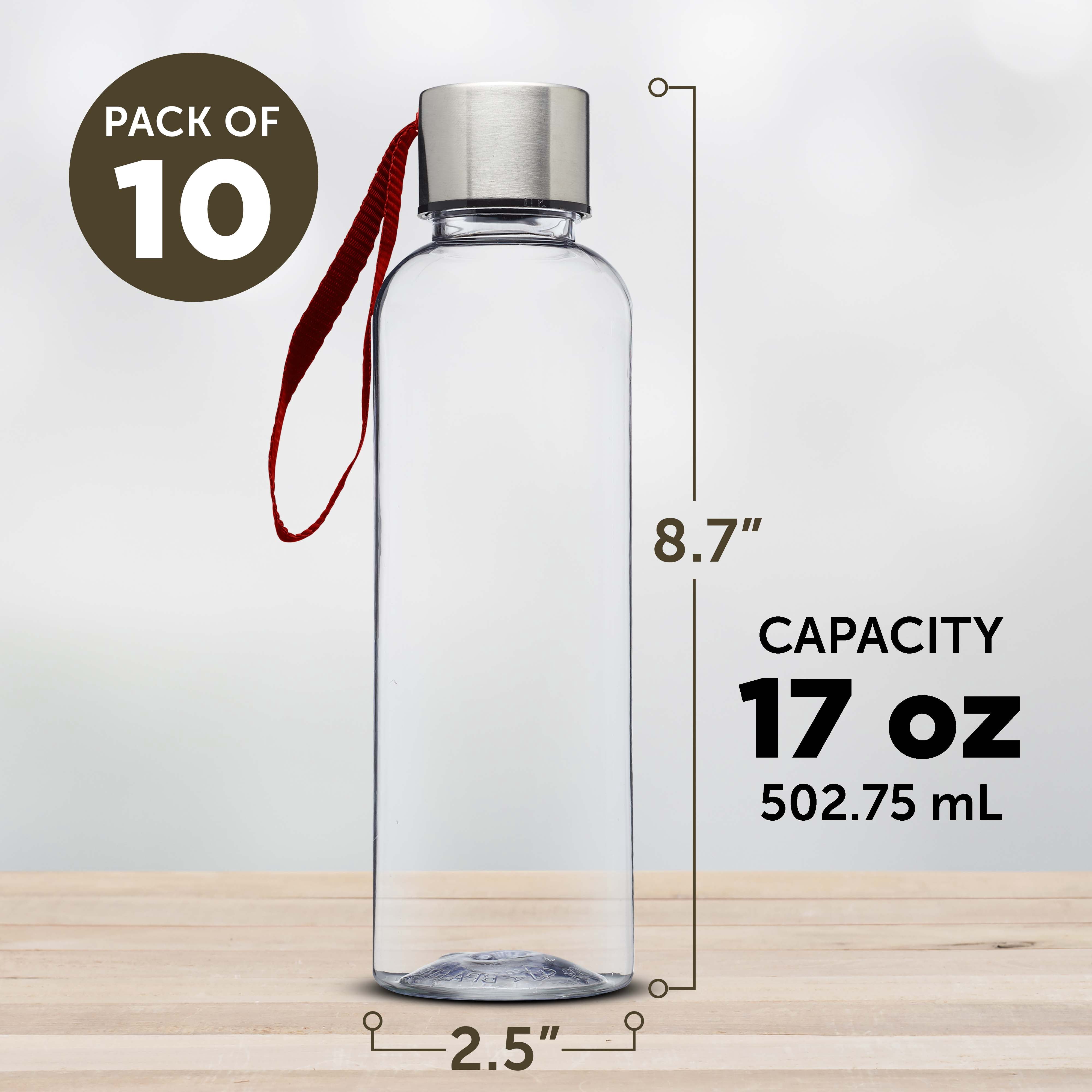 Genie Plastic Water Bottles with Strap 17 oz. Set of 10, Bulk Pack - Refillable, Great for Gym, Hiking, Cycling, School - Red