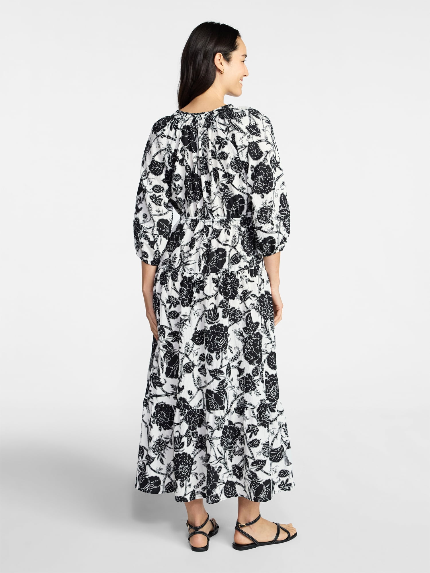Time and Tru Women's V-Neck Maxi Dress with ¾-Length Sleeves, Sizes XS-XXXL