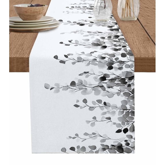 Grey Eucalyptus Leaves Table Runner 120 Inches, Summer Botanical Farmhouse Bed Runner Dresser Scarves Tabletop for Indoor Outdoor Parties/Ceremony/Banquet, 13"x 120"