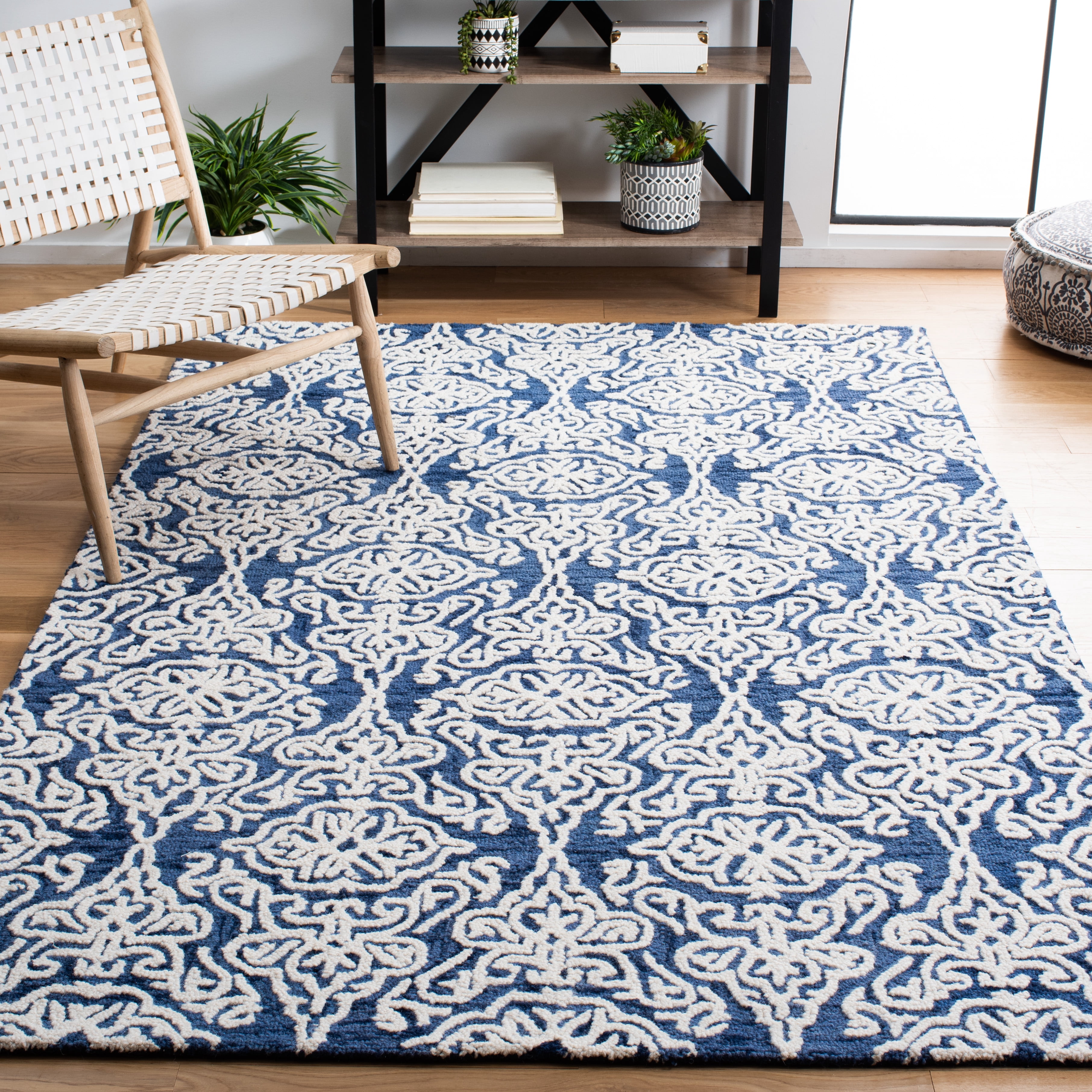 SAFAVIEH Blossom Asher Geometric Wool Area Rug, Navy/Ivory, 8' x 10'