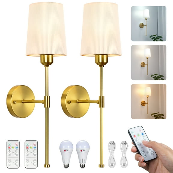 NookNova 2-Light Battery Operated Wall Sconces，Dimmable Rechargeable Battery Powered Wall Lamp Fixture Wireless LED Antique Brass Wall NookNova Lights with Frabic Shade For Bedroom Living Room
