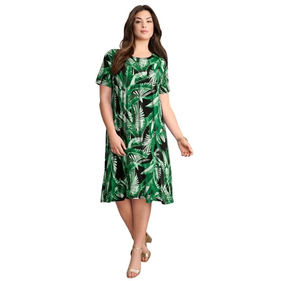 Roaman's Women's Plus Size Stretch Knit Short Sleeve Swing Dress With Pockets