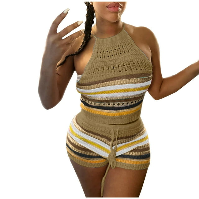 Ensemble Aguichant pour Femmes, Mode, Sans Manches, Bretelles, Tricoté, Coloré, Sac à Dos-Fesses