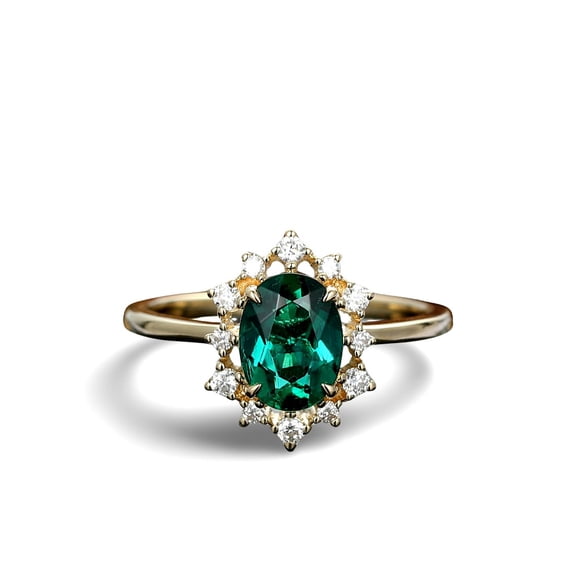 Sterling Silver Gold Oval Emerald & Diamond Halo Ring for Women