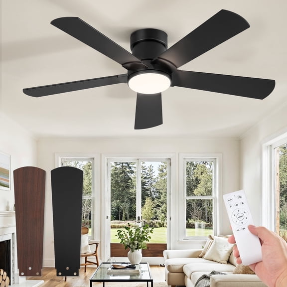Zardon Ceiling Fans with Lights and Remote, 42in Low Profile Flush Mount Ceiling Fan with 6 Reversible Speeds for Bedroom Indoor, Black