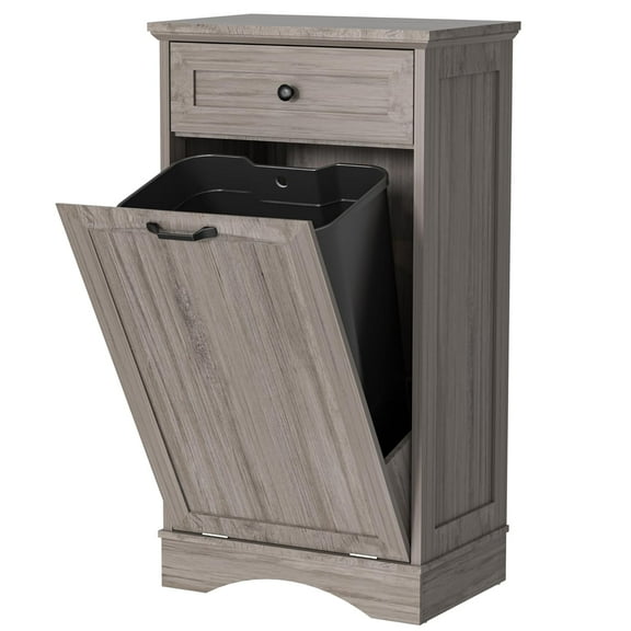 Tilt Out Trash Cabinet 13 Gallon Wooden FreeStanding Waste Bins with Hideaway Drawer,Kitchen Island with Trash Can Storage(Grey)