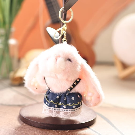 YTTAL Cute Brown Bunny Plush Keychain - Soft Stuffed Animal Pendant with Denim Dress, Kawaii Bag Charm & Car Key Ring for Women, Teens, Gift for Easter, Birthday