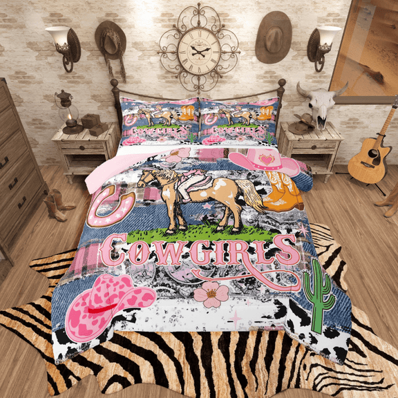 Castle Fairy Western Cowgirl 2pcs Bedding Comforter Set,Animal Print Twin Comforter Sets,Southwestern Horseshoe Breathable Bedding Set,Luxury Girls Bedroom Decor,Reversible