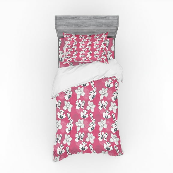 Ambesonne Garden Art Bedding Set 3 Pcs, Sketch Flower Motifs, Twin XL, Pink Grey and White