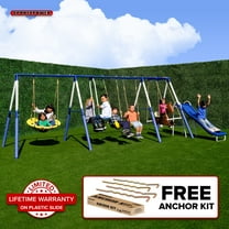 Sportspower Outdoor Super 8 Fun Metal Swing Set for Kids 3-8 with 6ft Slide, Saucer Swing, & Rocking Horse, 6ft Durable Steel Frame