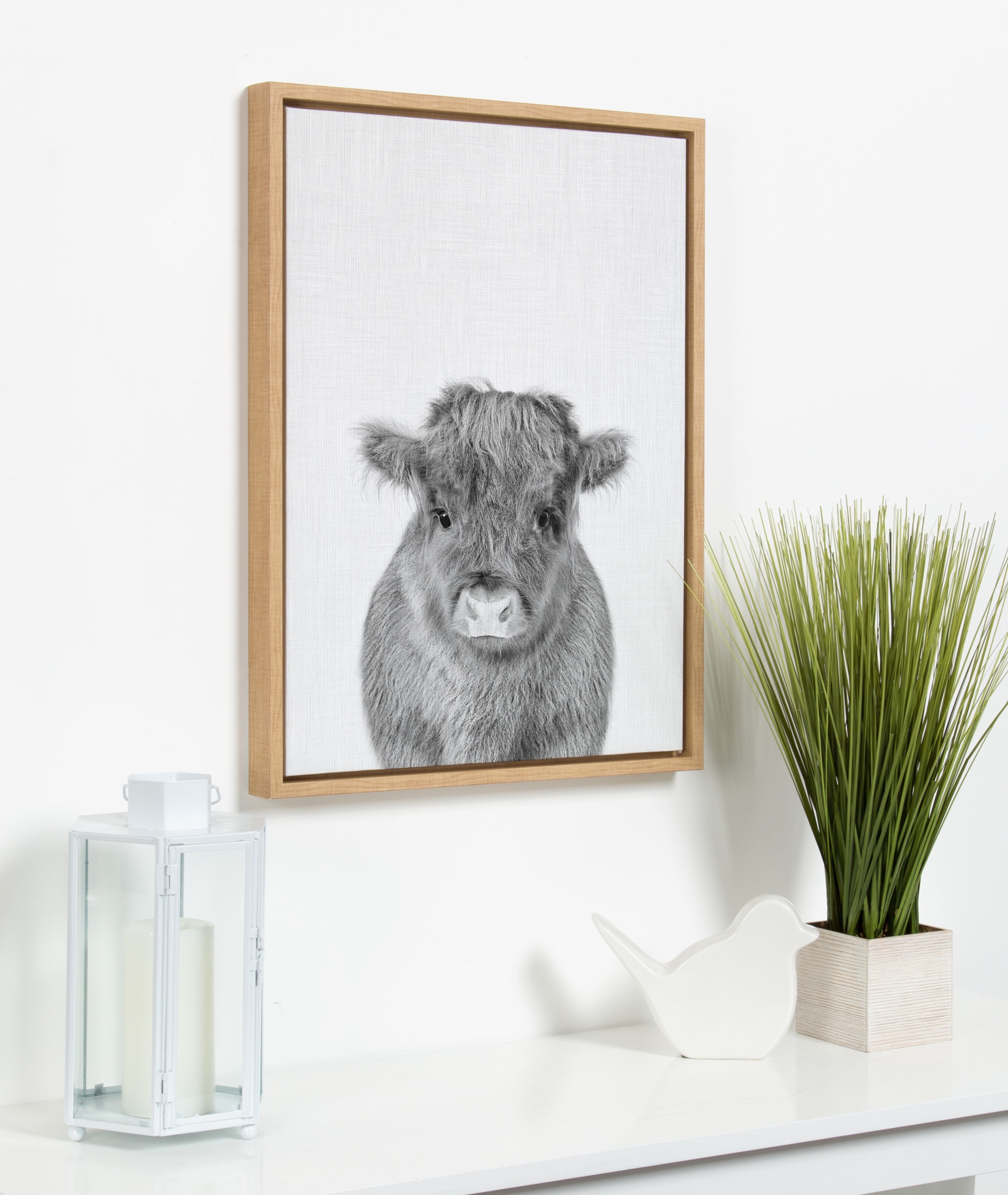 Kate and Laurel Sylvie Baby Calf, Farm Animal Print Black and White Portrait Framed Canvas Wall Art, Natural, 18x24