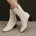 thumbnail image 2 of Leather Mid Calf Boots for Women Fashion Chunky Heel Square Toe Ankle Fall Booties Lightweight Slip On Riding Boots White Size 6, 2 of 8