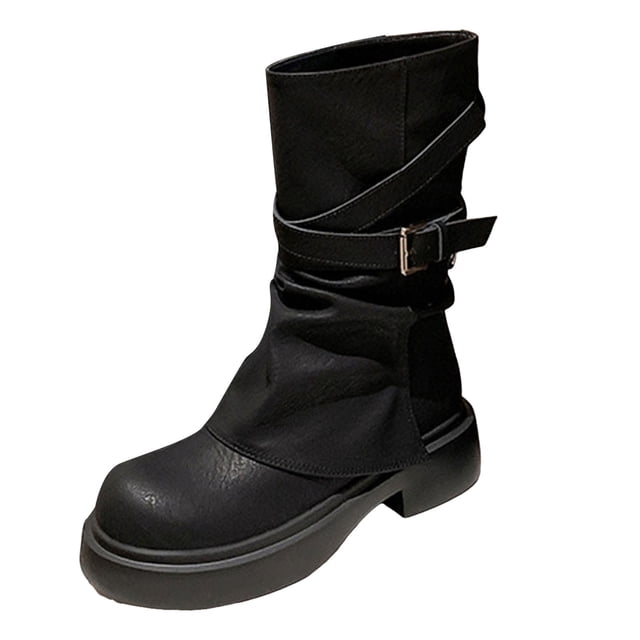 IUJSOY Bottes Mi-Mollet pour Femmes à Revers à Enfiler Bottes de Moto Plateforme Bout Rond Botte Haute