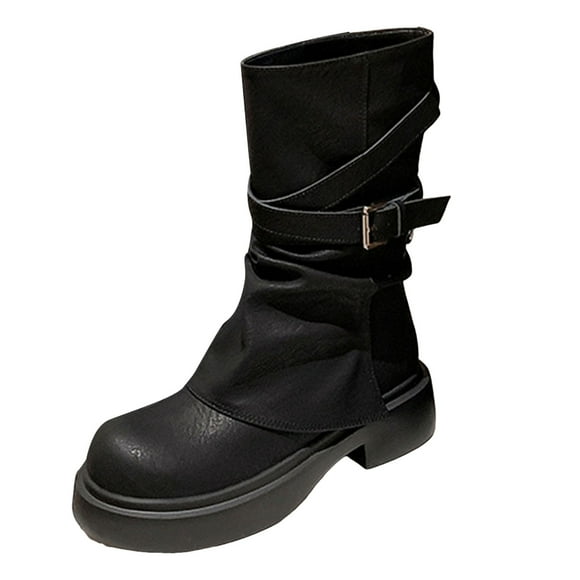 IUJSOY Mid Calf Boots for Women Fold Over Pull on Motorcycle Boots Platform Round Toe Tall Boot