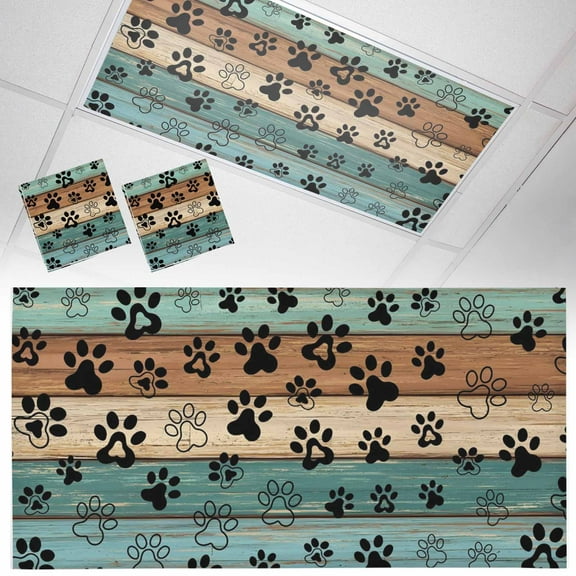 Ceiling Light Cover for Classroom, Black Dog Paw Print Magnetic Fluorescent Light Covers Filter for School,Office, 2X4  FT, Pack of 2, Rustic Turquise Brown Farmhouse Wood