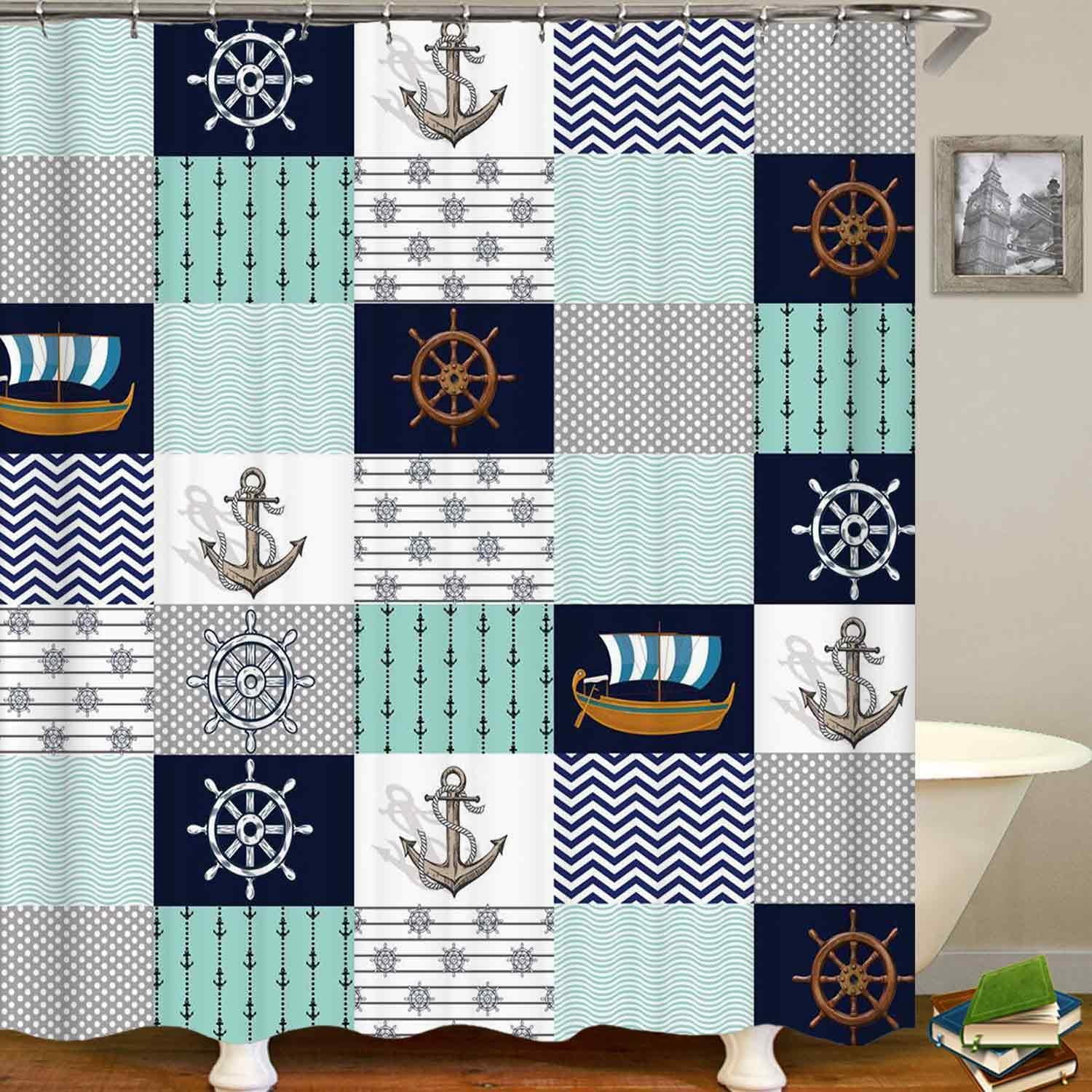 4PCS Red Anchor Shower Curtain Set, Waterproof Fabric Shower Curtain, Non-Slip Bath Mat Bathroom Rugs Navy Blue White Stripes Abstract Geometric Modern Navigation Ocean Nautical Bathroom Decor