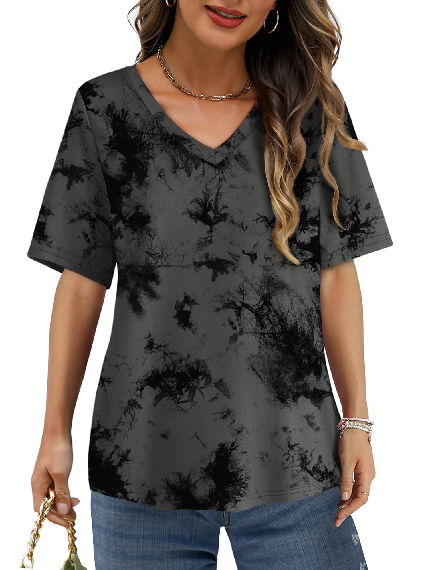 MOSHU Womens T-Shirts V Neck Short Sleeve Loose Tees Tops Casual Tie Dye Shirts for Women