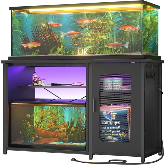 Aheaplus 55-75 Gallon Aquarium Stand with Power Outlets & LED Light, Reversible Fish Tank Stand with Cabinet for Fish Tank Accessories Storage, Heavy Duty Metal Frame, 880LBS Capacity, Black