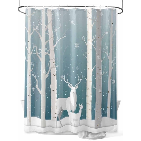 nqOlkjepod Christmas Shower Curtain, Waterproof Shower Curtains for Bathroom, Winter Elk Blue Forest White Trees Snowflakes Washable Fabric Bathtub Curtain Set Bath Decor with 12 Hooks 48"x72"