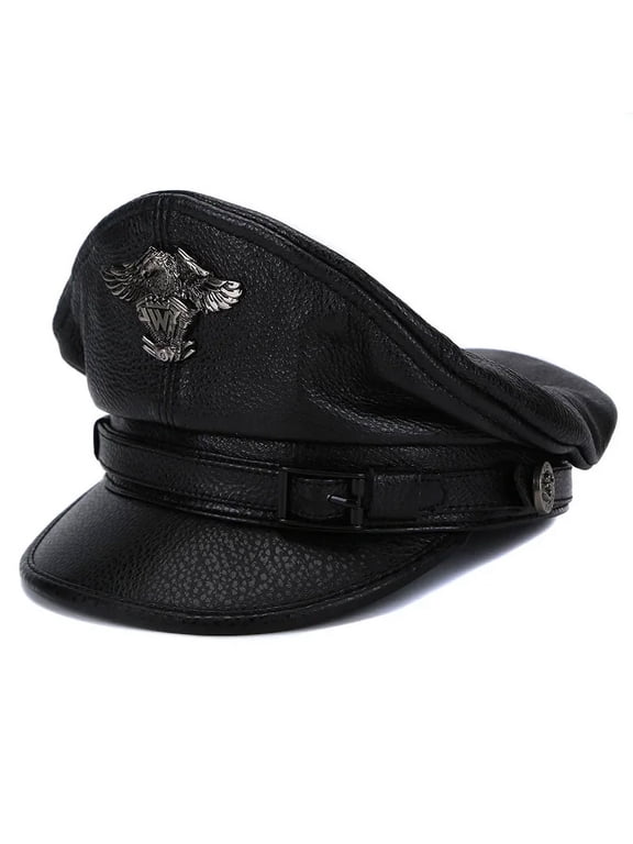New Retro German Military Caps for Men Male Genuine Leather Flat Top Hats European American Captain Locomotive Chapeau (Black,XXL(59cm60cm))
