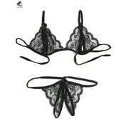 PULLIMORE Womens Sexy Lingerie Lace Bra Thong Panty Set Babydoll Underwear (Black, L)