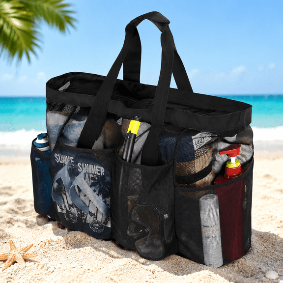 Black Extra Large Mesh Beach Tote Bag, Durable Oxford Cloth Sandproof Mesh Shoulder Bag with Secure Top Zipper & Multi Storage Pockets, Sand Drain Organizer Tote for Beach, Pool, Travel