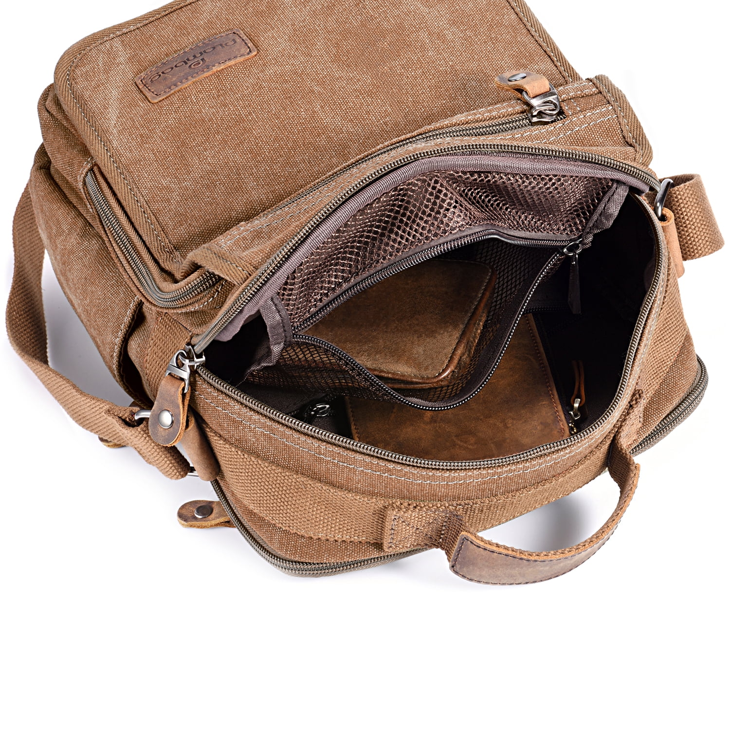 Plambag Canvas Messenger Bag Small Travel School Crossbody Bag Coffee