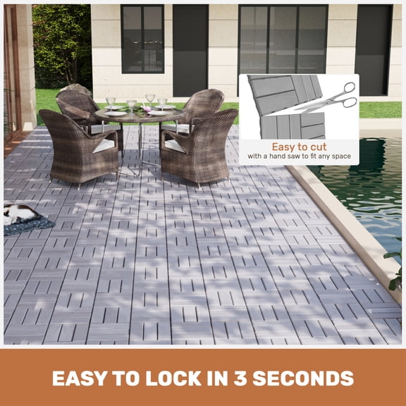 30 PCS 12"x12" Interlocking Deck Tiles  Light Gray Acacia Hardwood Checker Pattern Outdoor Flooring for Patio Balcony Pool Side