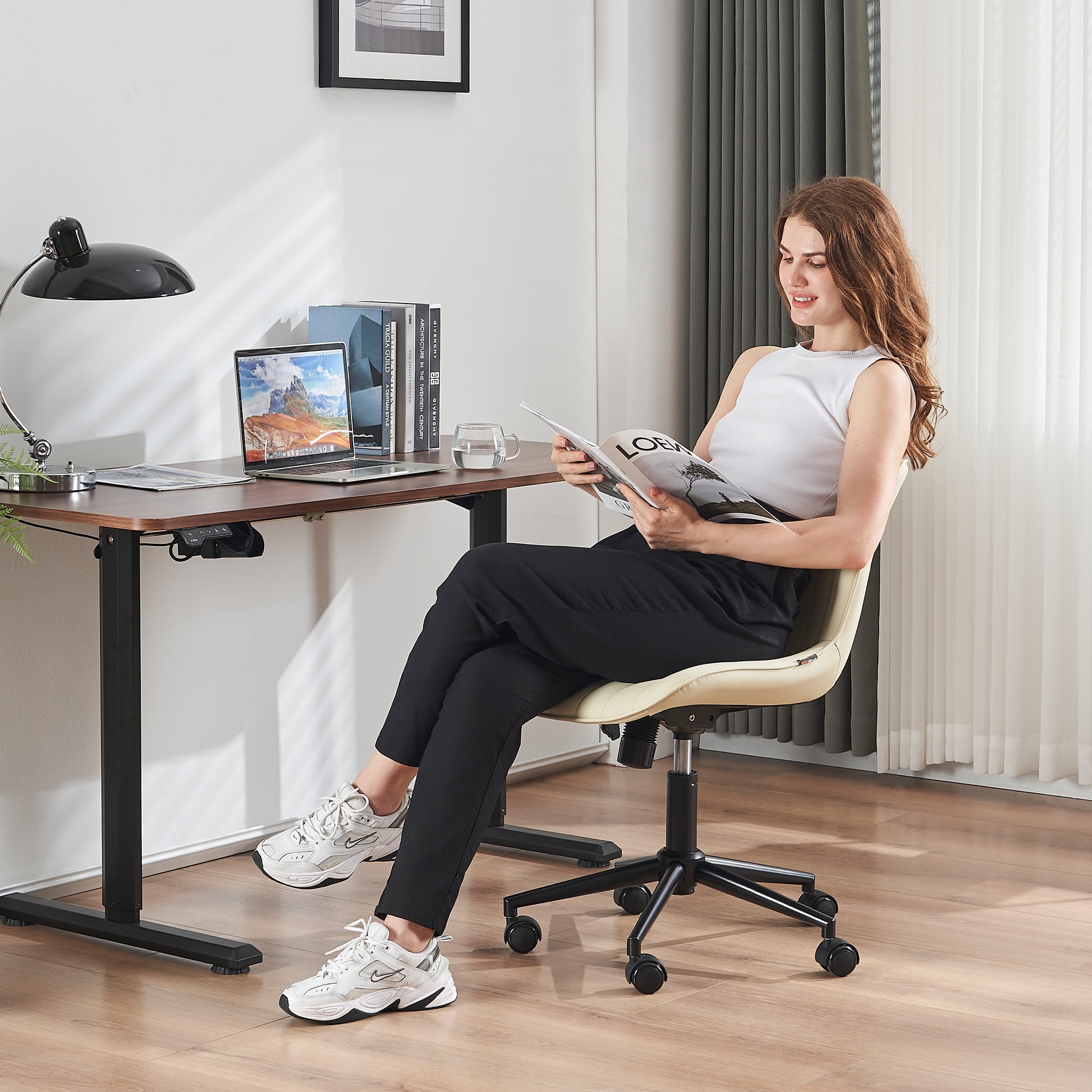 YOUNIKE Cute Armless Office Desk Chair Modern Upholstered Faux Leather Swivel Task Chair, Beige
