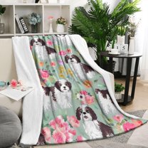 Shih Tzu Dog and Flower Floral Blanket,Comfortable Soft Flannel Throw Blanket,All Season,Warm Lightweight Blankets for Sofa Bed Couch Living Room Chair,50"x60"(130x150cm)