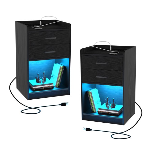 TOLEAD Nightstand with Charging Station and LED Lights, Modern Design