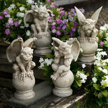 Northlight Set of 4 Gargoyles on Pedestal Finials Outdoor Patio Garden Statues 13" - Gray