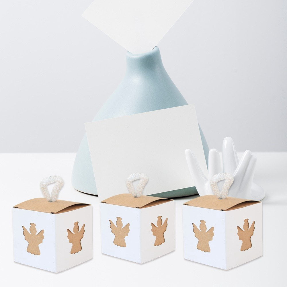Vjnyvs 50pcs Candy Treat Box First Communion Christening Decor Baptism Favor Boxes Laser Cut Hollow Angel Favor Gift Box for Wedding Baby Shower Party