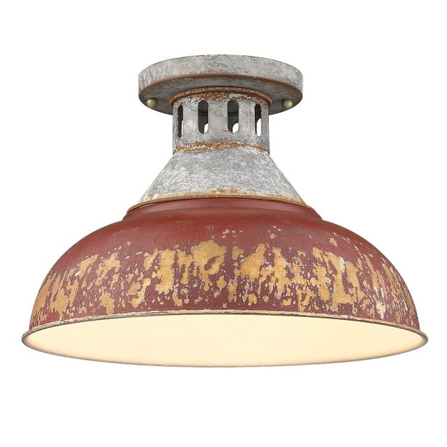 Golden Lighting Kinsley Semi-Flush in Aged Galvanized Steel with Red Shade