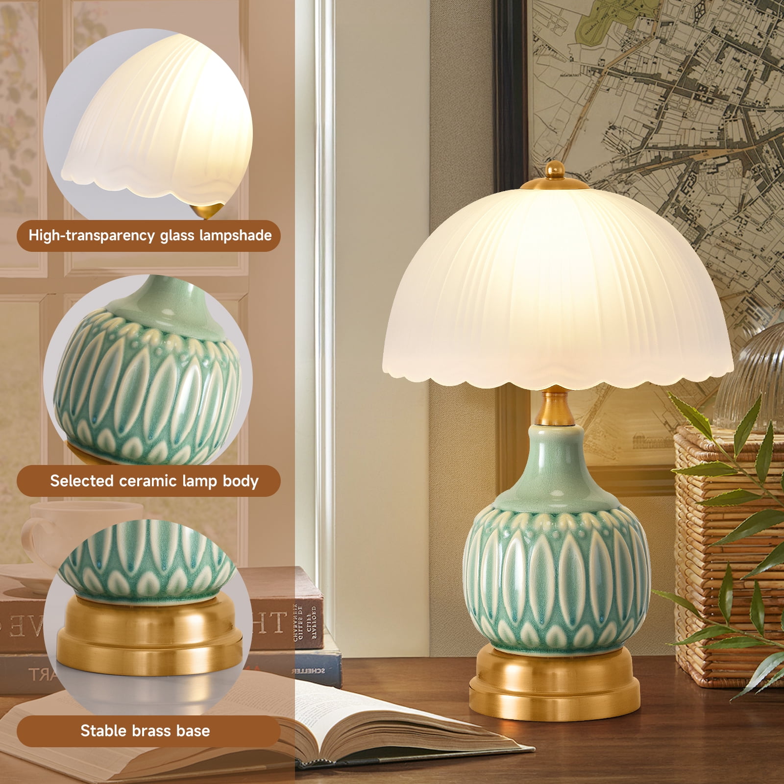 Table Lamps for Bedroom Vintage Golden Table Lamps for Bedroom Ceramic Retro Lamp for Living Room,16" Modern Bedside Nightstand Traditional Lamps, Classic Chinoiserie Green Glass Lamp for Home Decor