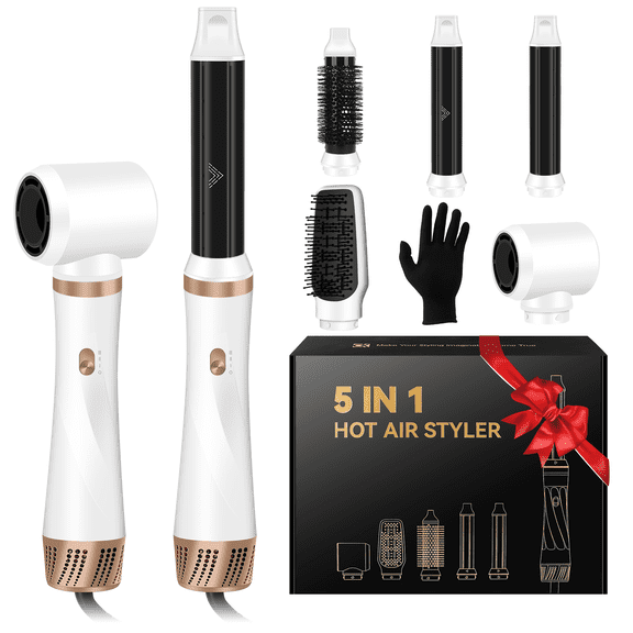 JIGUOOR Hair Dryer Brush Set, 5 in 1 Hot Air Blow Dryer Brush, Curling Iron, Hair Styling Tools for Drying, Curling, Straightening, Smoothing